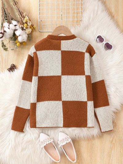 SHEIN Kids CHARMNG Tween Girl'S Checkerboard Round Neck Sweater