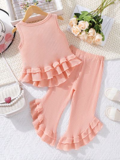 Toddler Girls Ruffle Trim Asymmetrical Hem Tank Top & Flare Leg Pants