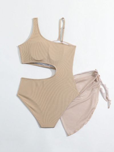 Teenage Girls' Asymmetric Shoulder Hollow Out One-Piece Swimsuit