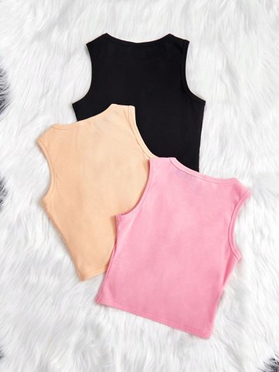 SHEIN Kids SUNSHNE Girls' Knitted Solid Color Slim-fit Short Vest Set With Round Neck, 3pcs