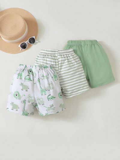 SHEIN Kids QTFun Boys' Cute & Fresh Striped Animal Print Shorts For Summer Vacation