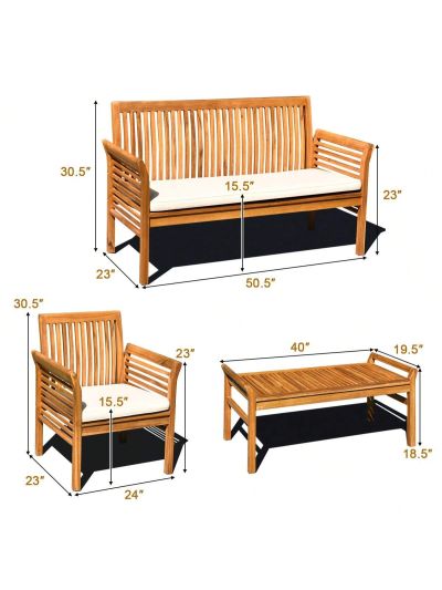 Gymax 4PCS Wooden Patio Conversation Set Outdoor Furniture Set w/ Cushion