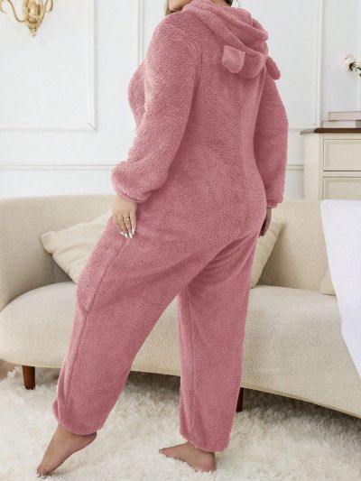 Plus Zip Up 3D Ears Design Hooded Flannel Sleep Jumpsuit