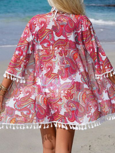 SHEIN Swim Vcay 1pc Random Printed Tassel Decorated Kimono