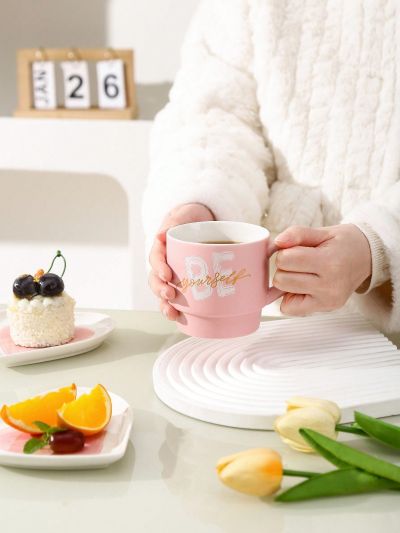 SHEIN Basic living Handcrafted Ceramic Mug,Ceramic Pink Coffee Mug With "Be Yourself" Patterns, Designed With Love, Suitable For Drinks,Juice, Tea,Coffee, Perfect Cup WIth Handle(1Pc)
