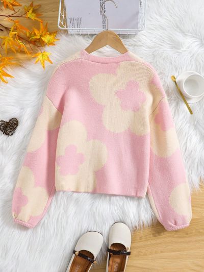 Tween Girl Checker Pattern Drop Shoulder Cardigan