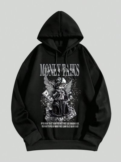 ROMWE Street Life Men's Angel & Slogan Printed Hooded Sweatshirt Set With Drawstring