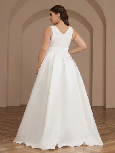 SHEIN Belle Plus Size Women's Exquisite Embroidered Lace Sequin Fabric Spliced ​​Satin V-Neck Large A Hem Elegant Wedding Dress