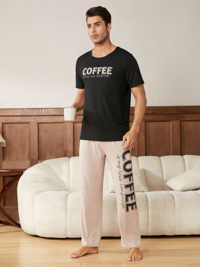 English Print Men's Short Sleeve And Long Pants Set