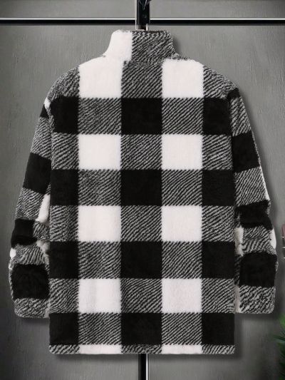 Extended Sizes Men's Plus Size Plaid Lapel Fleece Jacket