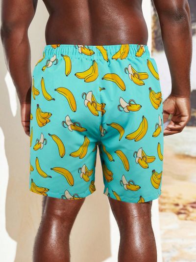 Men's Banana Print Drawstring Waist Beach Shorts Plus Size