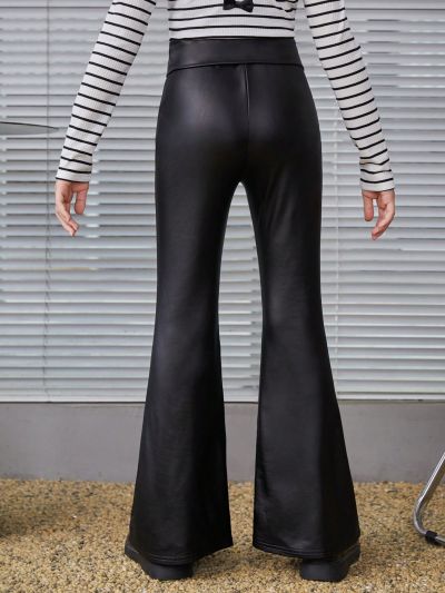 SHEIN Kids HYPEME Girls' Casual Pu Leather Solid Color Flared Pants For Street Fashion