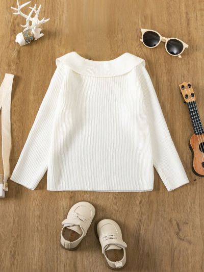 Little Girls' Ruffle Trim Round Neck Ribbed Knit Long Sleeve Sweater