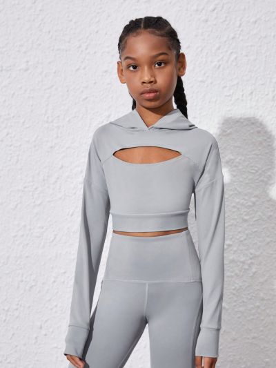 Tween Girl Sporty Leisure Knitted Long Sleeve Top For Fitness, Running, Cycling, Grey