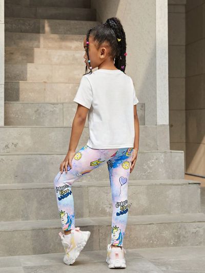 SHEIN Kids Cooltwn Young Girls' Daily Casual Spring/Summer Knitwear Set, With Unicorn Printed Lettering Short-Sleeved T-Shirt And Pants