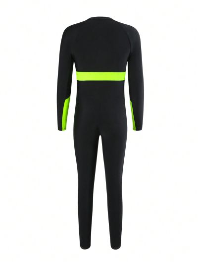 Teenage Boys' Letter Print Half Zipper Front One-Piece Swimsuit