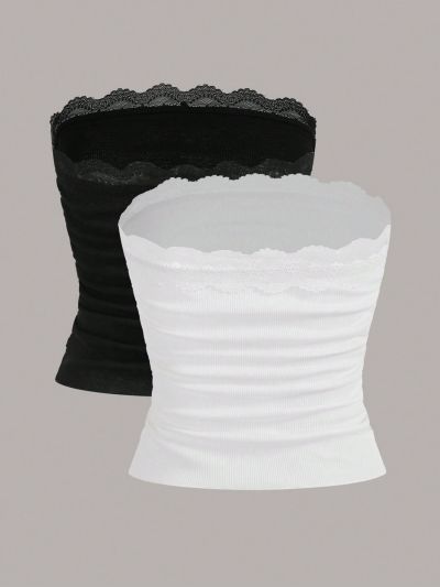 SHEIN Teen Girl Knitted Solid Color Lace Decorated Casual Tube Top With Matching Cardigan Two Piece Set