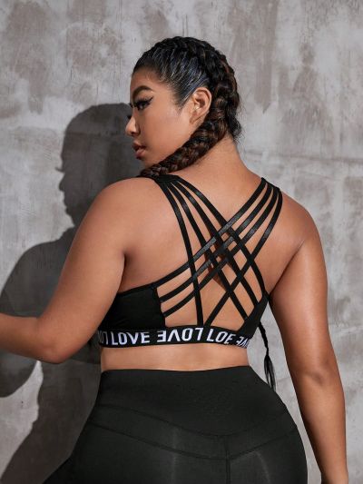 Yoga Trendy Plus Letter Tape Criss Cross Back Sports Bra