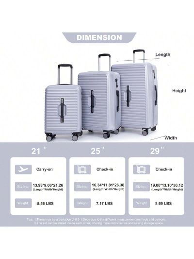 3 Piece Luggage Sets,PC+ABS Lightweight Suitcase with Two Hooks, Spinner Wheels, TSA Lock-21/25/29IN