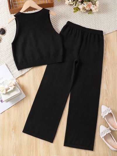 Tween Girls' Flower Pattern Sweater Vest And Knitted Pants Set