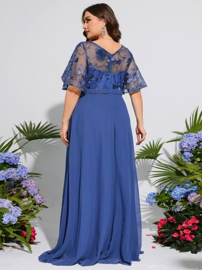 Plus Embroidery Mesh Butterfly Sleeve Bridesmaid Dress