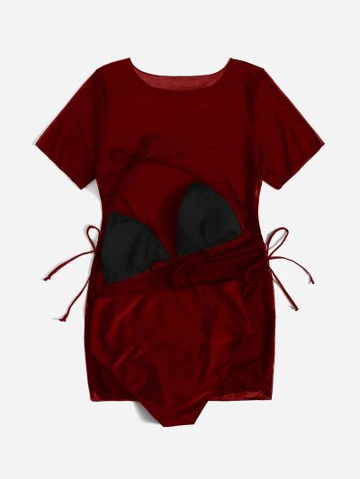 3pack Plus Solid Halter Triangle Bikini Swimsuit & Cover Up