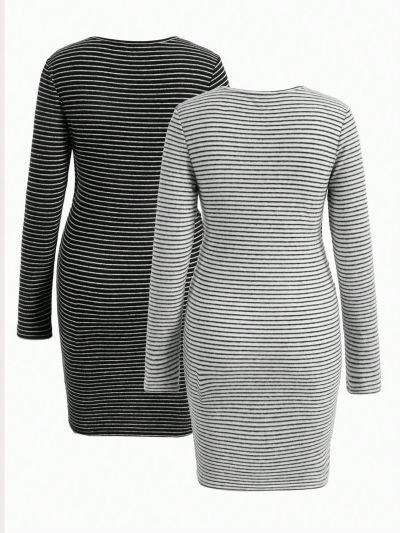 SHEIN Maternity Striped Long Sleeve Breastfeeding Dress
