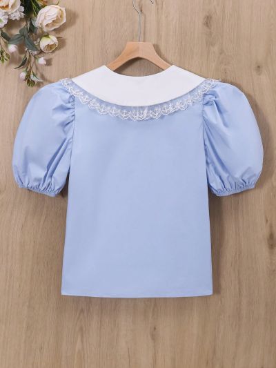 SHEIN Teen Girl's Woven Color Block Lace Trim Doll Collar Button Up Casual Shirt