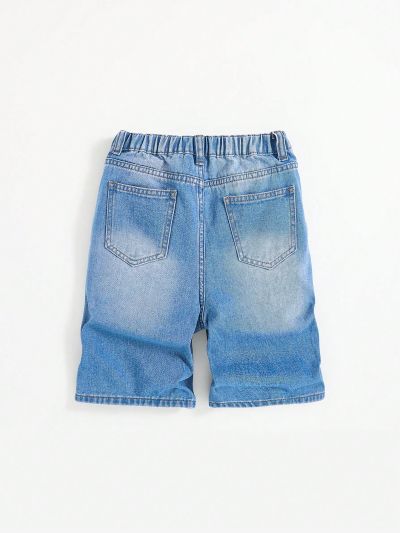 SHEIN Boys' Casual Mid-waist Slim Fit Denim Shorts With Letter, Face Print And Distressed Detail