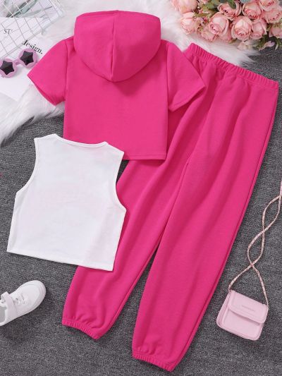 SHEIN Teen Girls Letter Graphic Tank Top & Hooded Tee & Sweatpants Set