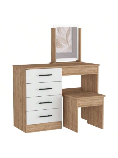 OSQI Makeup Vanity, Four Drawers, One Mirror, Stool -Pine/White