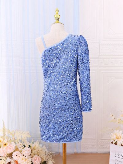 Tween Girls' Romantic Elegant One Shoulder Sequined Party Dress, For Occasions Such As Evening Party, Birthday Party, Performance, Etc. Autumn