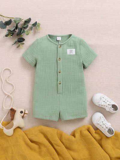 SHEIN Baby Boy Casual Solid Color Button Decor Short Sleeve Romper