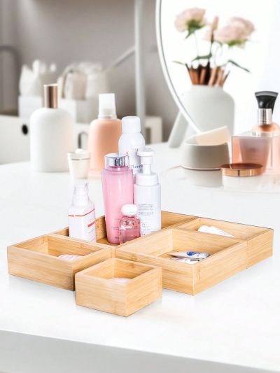 SHEIN Basic living 1Pc Bamboo Drawer Organizer,5 Sizes available Adjustable Kitchen Drawer Organizer Utensils Bamboo Organizers Silverware Storage Box Cutlery Tray Multi-Use,Versatile Dividers Cutlery Holders Bins Containers for Flatware Kitchen