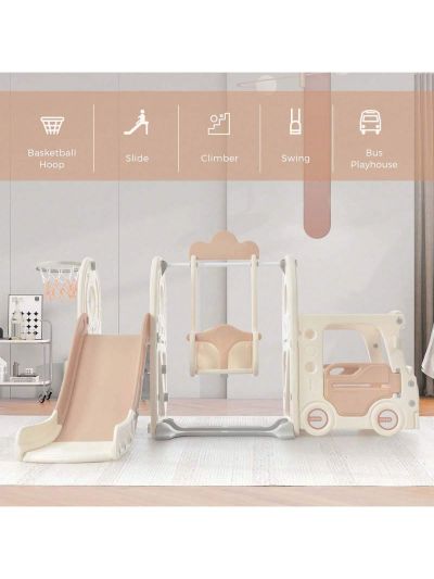 Merax Kids Swing-N-Slide with Bus Play Structure, Freestanding Bus Toy with Slide&Swing for Toddlers, Bus Slide Set with Basketball Hoop