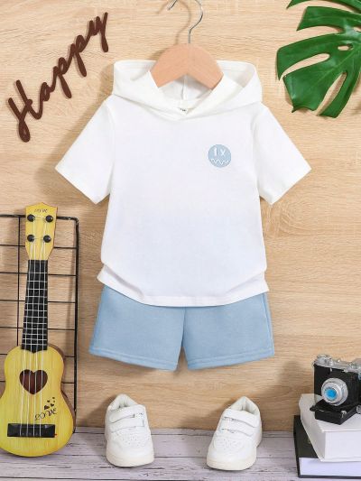 SHEIN Baby Boy Casual Letter Cartoon Printed Hooded Top And Shorts Set