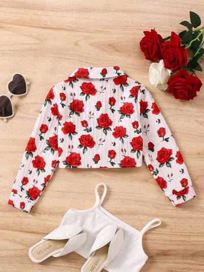 SHEIN Kids Academe Little Girls' Rose Floral Printed Long Sleeve Shirt