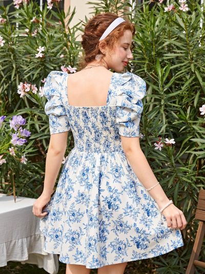 Teen Girl's Striped Weave Flower Print Shirred Casual Dress With Square Neckline, Puff Sleeves And Back Shirred