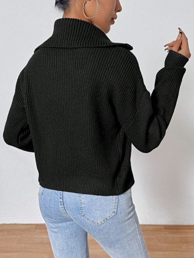 SHEIN Essnce Loose Casual Short-Zipper Turn-Down Collar Cardigan