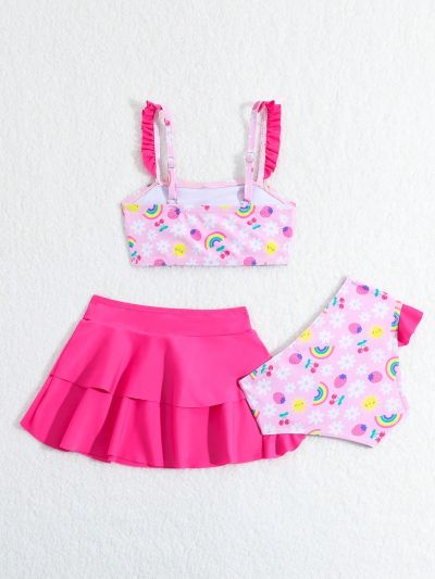 3pcs/Set Baby Girl's Random Printed Swimwear With Ruffle Trim