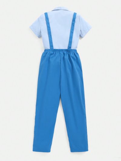 Boys' Blue Short Sleeve Shirt With Suspenders And Long Pants Suit, Gentleman Style