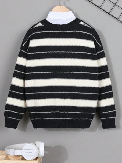 Boys' Striped Pattern Cardigan Without Shirt, For Tween Boys