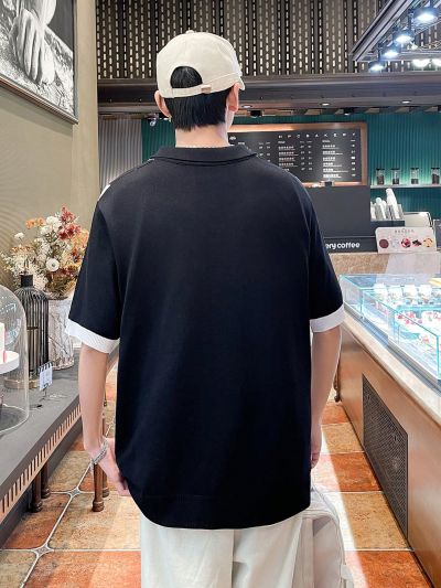 Men'S Contrast-Color Polo Collar Short Sleeve Knit Top