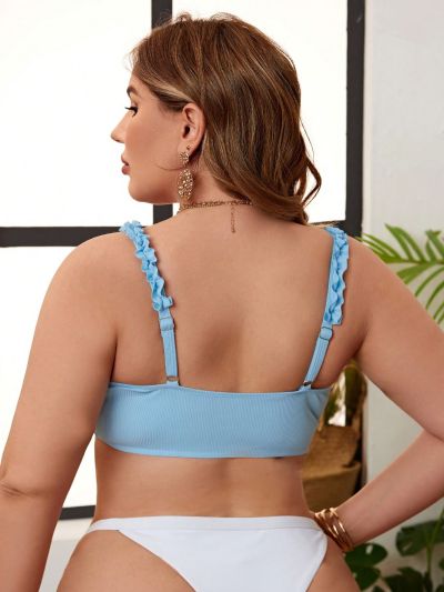 SHEIN Swim Vcay Women's Plus Size Ruffle Trim Embellished Top With Knot Detailing Cami Bikini Swimsuit Top