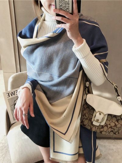 1pc Blue Women Cashmere Feeling Color Block Long Shawl Scarf, Geometric Pattern Keep Warm Wool Fashion Scarf For Autumn Winter Daily Life Evening Dresses Travel Office Winter Wedding and gift