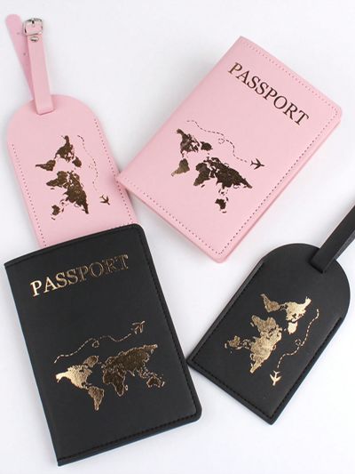 Passport holder PU Leather Simple style Chic style Airplane pattern Hot gold map Solid color Luggage tag Business ID Card holder Travel Bag Tag Airplane Train Backpack Tag Luggage Identifier Matching couples Valentine's Day anniversary Gift Husband