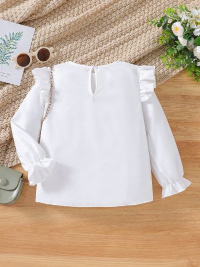 SHEIN Kids EVRYDAY Little Girls' Casual Leaf Printed Long Sleeve Shirt With Flying Sleeve Patchwork, Perfect For Holiday Party In Fall And Winter