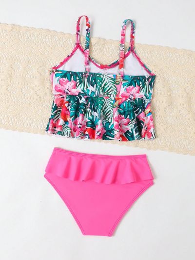 Toddler Girls' Tropical Printed Camisole Top And Frill Trim Triangle Brief Bikini Set
