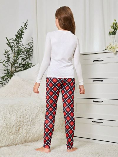 Girls' 2pcs/Set Long Sleeve Letter Plaid Print Home Clothes, Including Pants, Sold Separately, Mommy And Me Matching Outfits