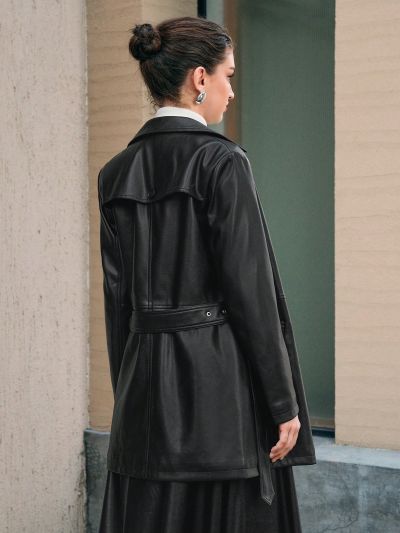 Anewsta Solid Color Double Breasted Belted Coat